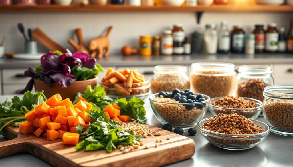 A sunlit kitchen counter showcases an array of balanced homemade dog food recipes. In the foreground, a wooden cutting board displays freshly chopped vegetables, lean proteins, and whole grains. In the middle ground, glass bowls brim with nutrient-rich superfoods like sweet potatoes, quinoa, and blueberries. Trailing into the background, shelves hold jars of wholesome supplements and natural preservatives. Warm, soft lighting casts a comforting glow, hinting at the nourishing, homemade goodness within each recipe. The scene exudes a sense of care, quality, and a deep commitment to canine health and wellbeing.