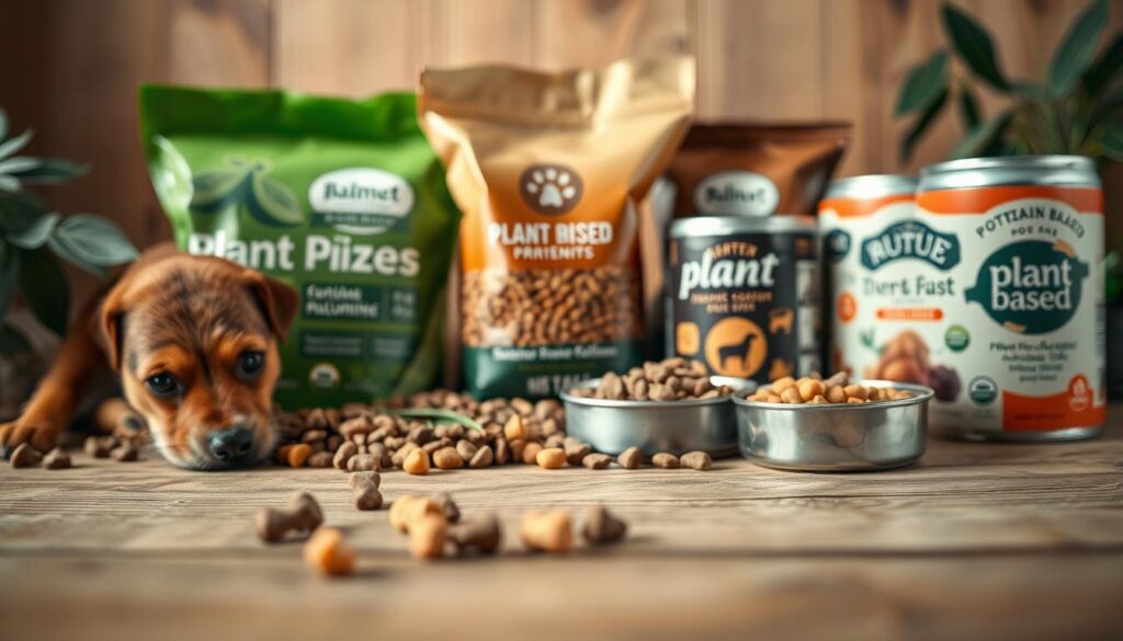 A tranquil, close-up shot of an assortment of plant-based dog food products, including kibble, dry mixes, and canned alternatives. The items are artfully arranged on a natural, wooden surface, with a soft, warm lighting highlighting their textures and colors. In the foreground, a few pieces of kibble or kibble-like shapes are scattered, suggesting a dog's inquisitive sniff. The middle ground features the various plant-based offerings, each with clear product labels or packaging visible. The background is slightly blurred, creating a sense of depth and focus on the central subject. The overall scene conveys a sense of wholesome, natural nourishment, with a touch of canine curiosity, aimed at showcasing the pros and cons of these alternative protein sources for dogs with food sensitivities.
