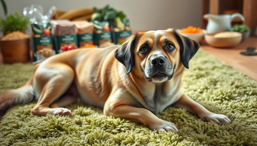 A well-lit, close-up photograph of a healthy, slightly overweight dog relaxing on a soft, plush green carpet. The dog's fur is shiny and its expression is calm and content. In the background, a selection of nutritious dog foods, including lean proteins, whole grains, and fresh vegetables, are neatly arranged on a wooden table, suggesting a tailored diet plan. The lighting is warm and natural, creating a cozy, inviting atmosphere that emphasizes the dog's improved well-being and the importance of a balanced, carefully-considered diet.