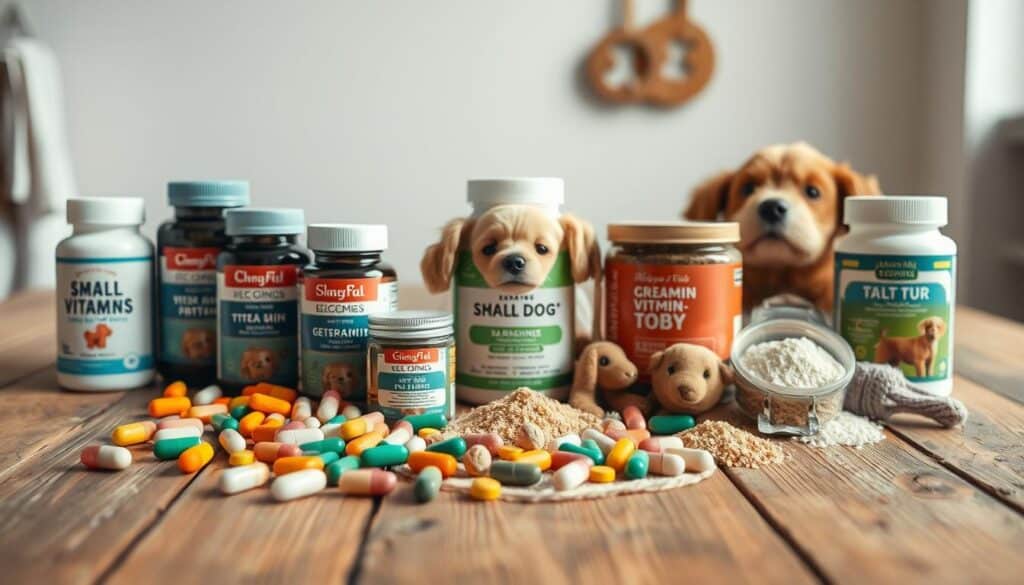 A well-lit, close-up still life of an assortment of small dog vitamin supplements arranged neatly on a rustic wooden surface. The foreground features a variety of colorful capsules, soft chews, and powders in different shapes and sizes, arranged in an aesthetically pleasing manner. The middle ground showcases a few small dog breeds' toys and accessories, hinting at the target audience. The background is blurred, but suggests a clean, minimalist studio setting with natural lighting. The overall mood is warm, inviting, and emphasizes the health and wellness of small canines.