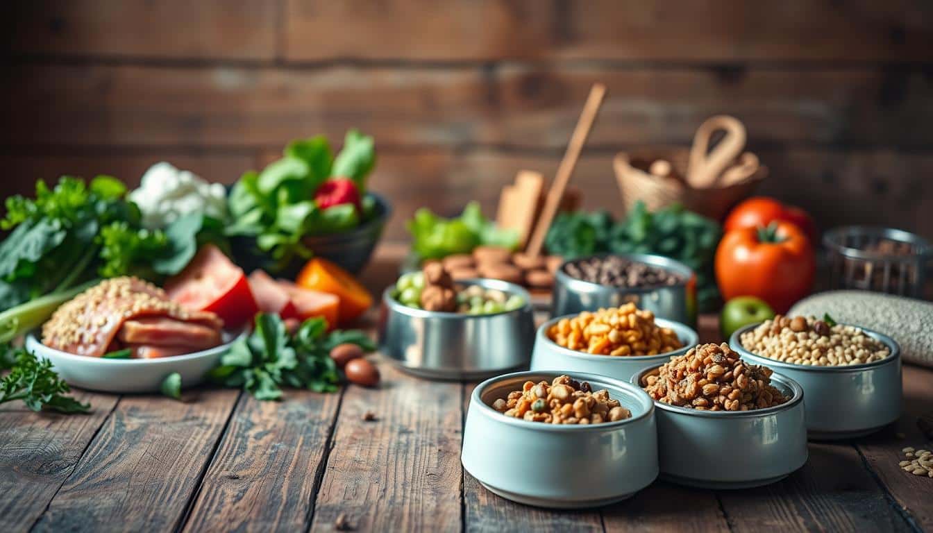 Detailed and nutritious meal plans for small dog breeds, captured in a vibrant, appetizing still life photograph. In the foreground, a variety of colorful, fresh ingredients are artfully arranged on a rustic wooden table - lean protein sources, leafy greens, and healthy grains. The middle ground features a series of small, elegantly presented dog bowls, each containing a balanced, portion-controlled meal. Soft, natural lighting illuminates the scene, casting warm shadows and highlighting the textures and colors. The overall mood is one of wholesome nourishment and culinary care, reflecting the ideal of providing a balanced, tailored diet for small canine companions.