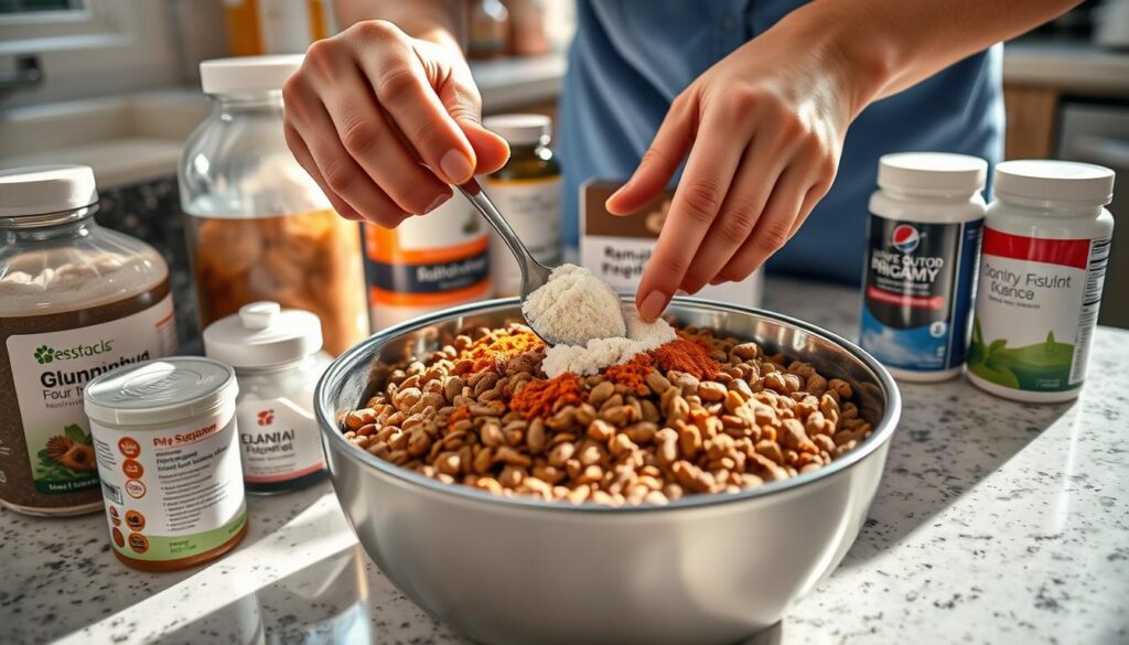 Detailed close-up of a person's hands carefully mixing various pet supplements into a bowl of dry dog food. The supplements are arranged neatly on a kitchen counter, with natural lighting streaming in from a window. The hands are using a spoon to thoroughly incorporate the powders and liquids into the food, creating an evenly distributed mixture. The image conveys a sense of care and attention to ensuring the dog's meal is properly balanced with the necessary vitamins, minerals, and other beneficial additives. The overall mood is one of a helpful, informative tutorial on the best practices for supplementing a dog's diet.