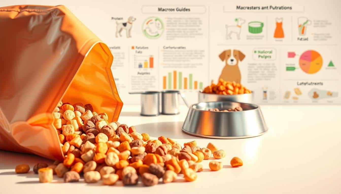 Detailed illustration showcasing the understanding of macronutrients in a dog's diet. A well-lit, high-resolution image on a clean background. In the foreground, an open dog food bag spills out various kibble types, representing protein, carbohydrates, and fats. The middle ground displays a dog bowl filled with a balanced meal, accompanied by measuring cups and a nutritional guide. The background features scientific diagrams and infographics explaining the roles of macronutrients in canine health and development. Warm lighting illuminates the scene, conveying a sense of educational clarity and professionalism.