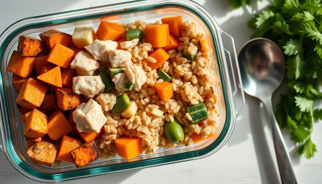 Detailed meal prep of homemade dog food. A glass container filled with various healthy ingredients like cooked chicken, sweet potatoes, brown rice, and steamed vegetables. The food is neatly arranged in sections, with a scoop and a spoon nearby, conveying an organized, nutritious, and carefully prepared meal. Soft, natural lighting illuminates the scene, highlighting the vibrant colors and textures of the ingredients. The overall atmosphere is one of care, attention to detail, and a commitment to providing a wholesome, homemade meal for a beloved pet.