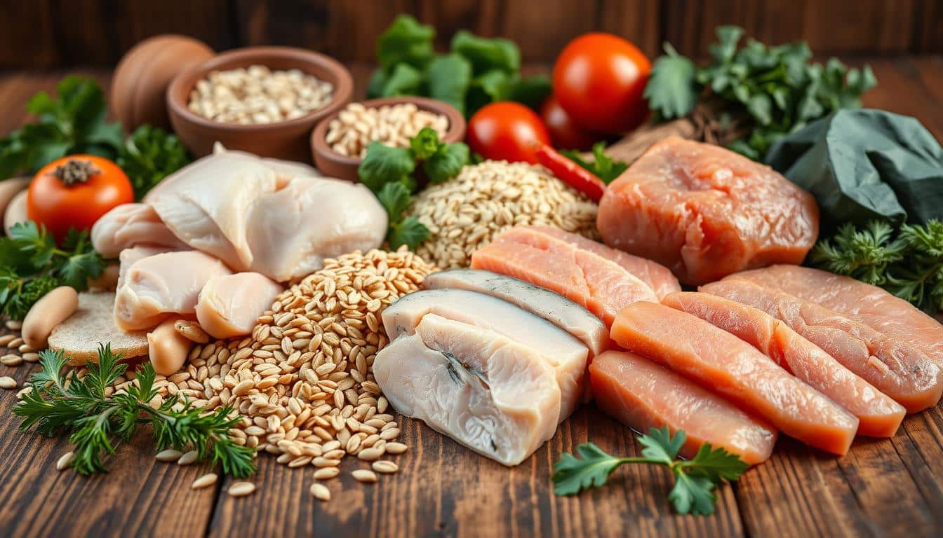 High-resolution, detailed photograph of assorted high-quality dog food ingredients on a rustic wooden table, with a natural, earthy color palette. In the foreground, various lean proteins like chicken, turkey, lamb, and fish fillets are prominently displayed. In the middle ground, whole grains such as brown rice, quinoa, and oats are visible. The background features leafy greens, vegetables, and herbs, creating a visually appealing and nutritious scene. The lighting is soft and warm, emphasizing the natural textures and colors of the ingredients. The composition is balanced and aesthetically pleasing, conveying the idea of a healthy, sensitive diet for dogs.